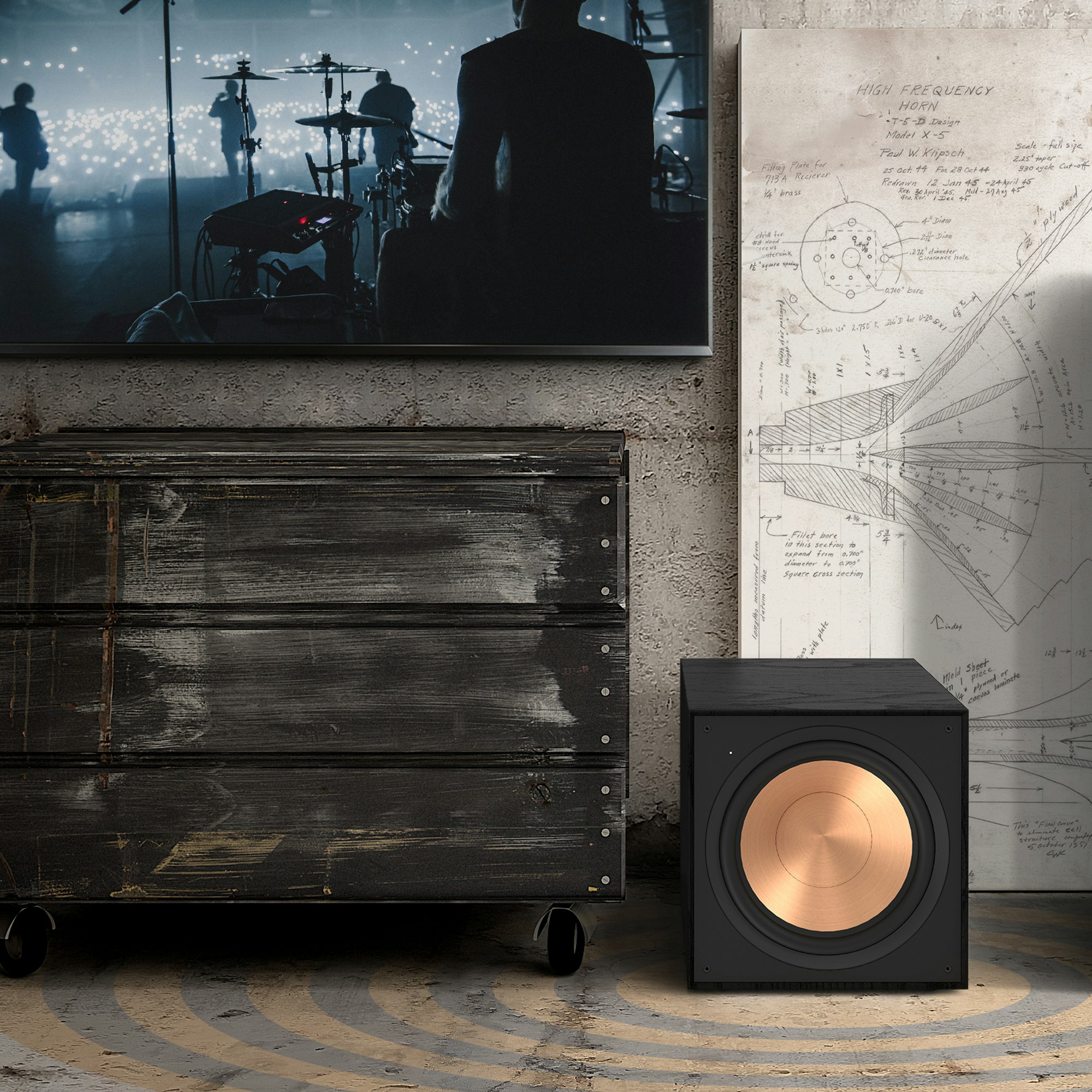 Reference Subwoofer R-121SW next to a dresser